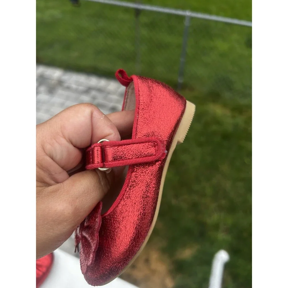 Cat & Jack Girls Size 6 Red Metallic Bow Mary Jane Flats